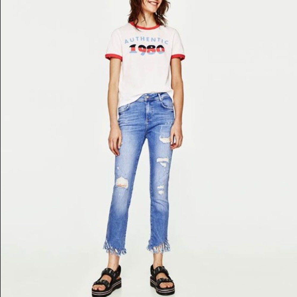 Distressed Zara Fringe Ankle Jeans, Bright Blue